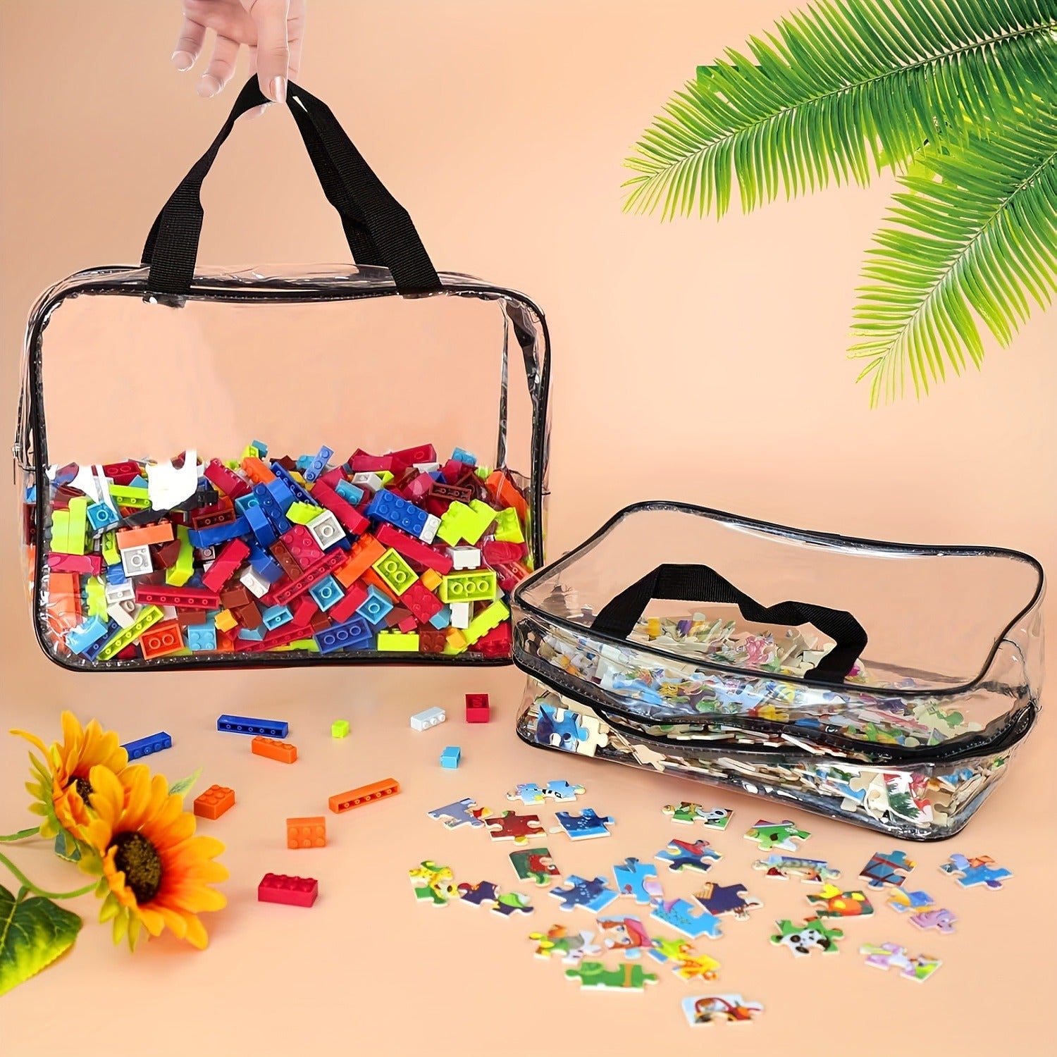 1pc Large PVC Organizer Bag with Zipper Closure - Durable Storage for Toys, Books, Building Blocks & Puzzles, Transparent Design for Easy Visibility, Mixed Colors, Toy Storage And Organization, Book Storage, Transparent Organizer, Easygrip Handles