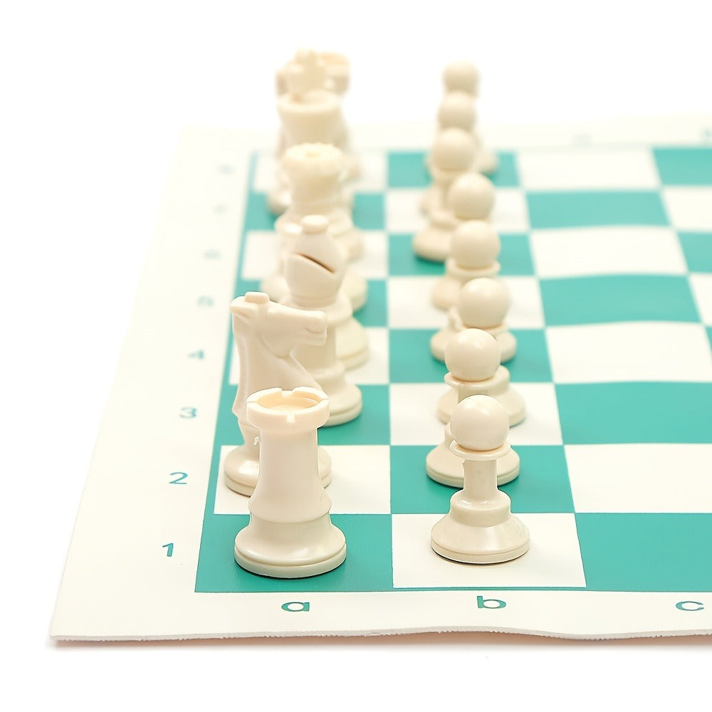 1pc Portable Folding Chess Set with Pouch - Realistic Green & White Checkerboard, 13.38x13.38 Inch, Compact Travel Board Game for Outdoor, Camping, and On-the-Go Fun, Portable Game, Classic Design, Durable Material