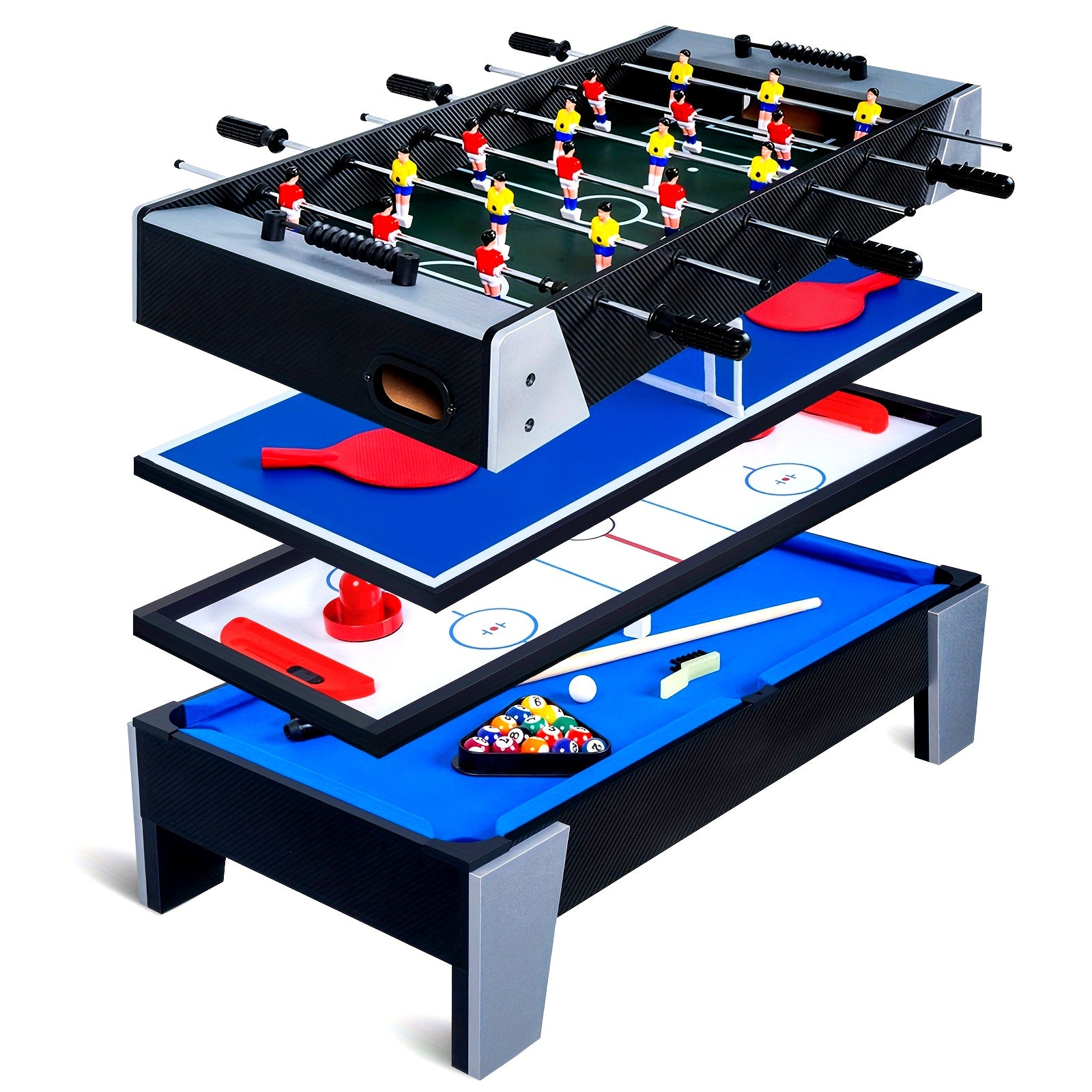 33" Game Table, 4-in-1 Multi Sports Arcade Game W/Soccer, Billiards Tabletop, Table Tennis, Hockey Tabletop, Combination Arcade Set For Home Play Room Party Bars Family Night, Combination Arcade Game Set With Accessories