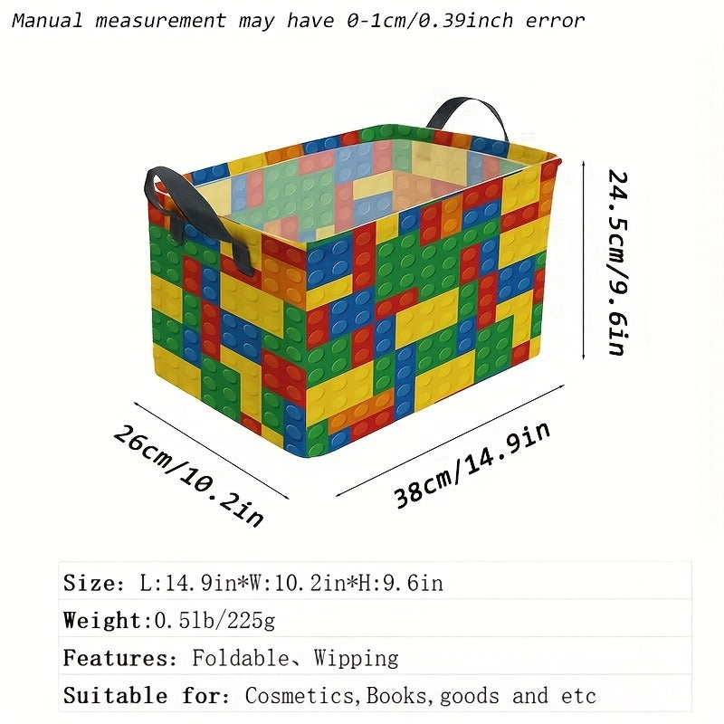 Colorful Building Block-Themed Storage Basket with Black Handles - Foldable Polyester Organizer for Clothes, Toys, and More - Ideal for Home, Office, or Playroom Decor, Toy Storage|Playroom Decor|Durable Storage Box, Storage Bins, Laundry Baskets