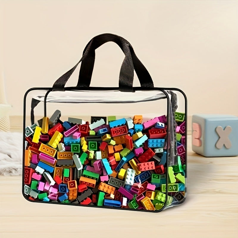 1pc Large PVC Organizer Bag with Zipper Closure - Durable Storage for Toys, Books, Building Blocks & Puzzles, Transparent Design for Easy Visibility, Mixed Colors, Toy Storage And Organization, Book Storage, Transparent Organizer, Easygrip Handles