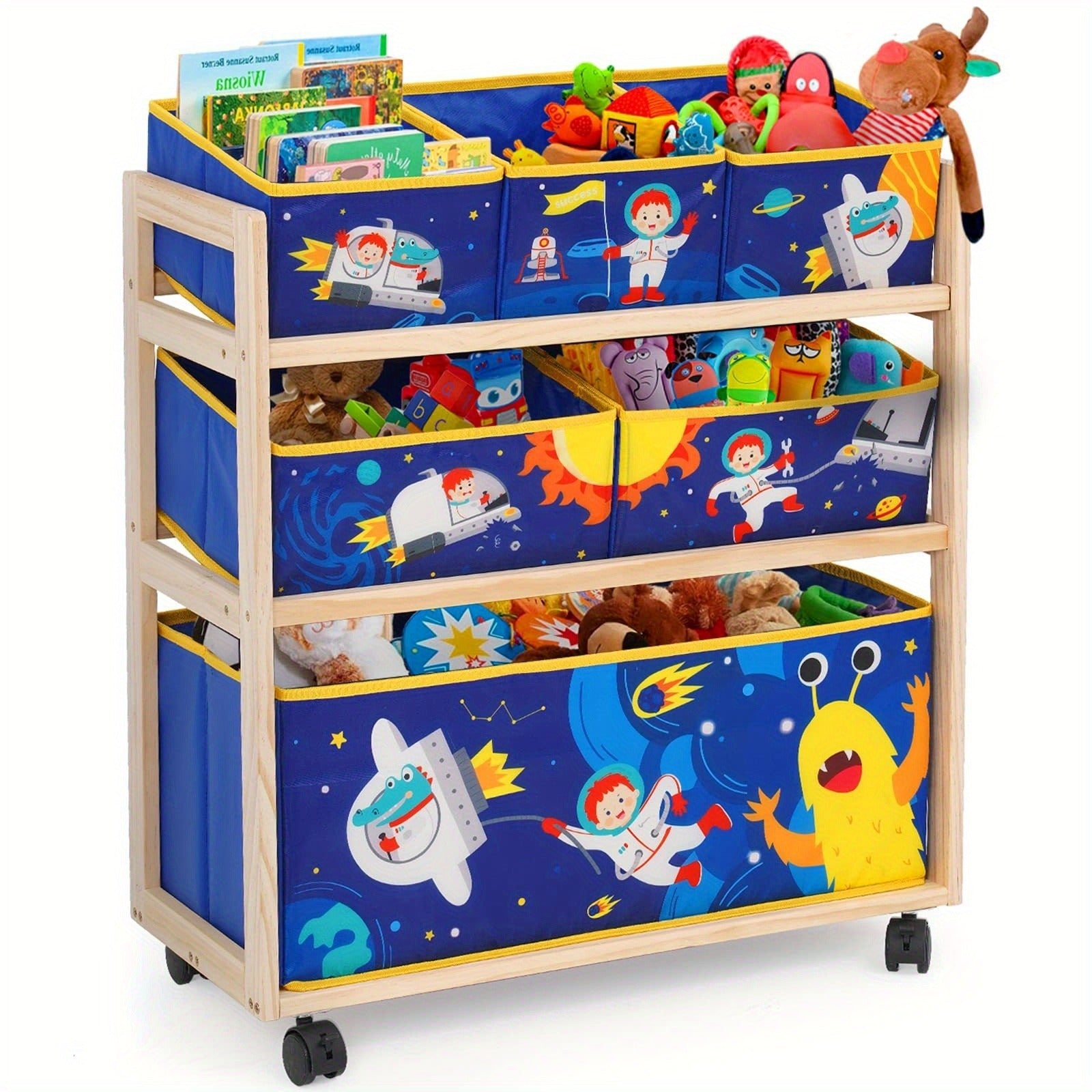 Storage Organizer 3-Tier Wooden Storage Rack With Wheels 6 Detachable Storage Bins Extra Large Capacity Bookshelf Bookcase Display Stands Shelf Multi Cabinet For Books