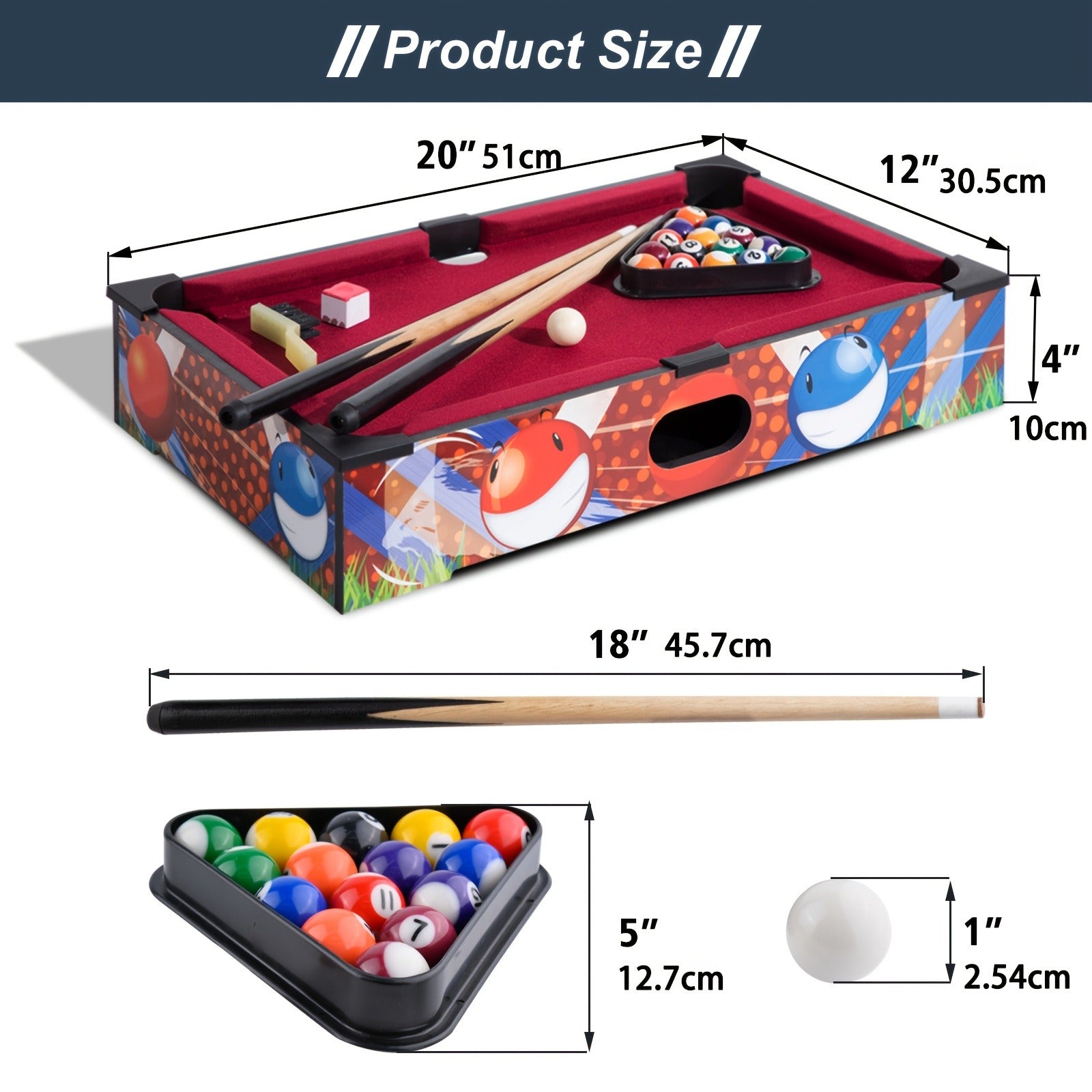20" Mini Tabletop Billiard Table, Mini Pool Table, Portable Billiard Table W/Equal Proportion Solid Billiard Balls, Rubber Cushion Bumper And Mini Tabletop Pool Set