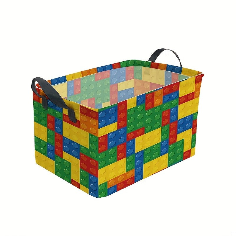 Colorful Building Block-Themed Storage Basket with Black Handles - Foldable Polyester Organizer for Clothes, Toys, and More - Ideal for Home, Office, or Playroom Decor, Toy Storage|Playroom Decor|Durable Storage Box, Storage Bins, Laundry Baskets