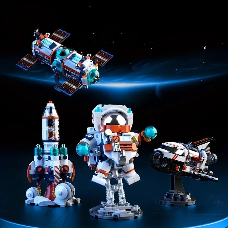 Breaking Dawn Astronaut Building Blocks Space Rocket Model - White & Orange Accents with Blue/Golden Details, Poseable Arms & Legs, Transparent Handheld Orbiter - STEM Educational Toy for Creative Play, Space-Themed Birthday Gift for Boys