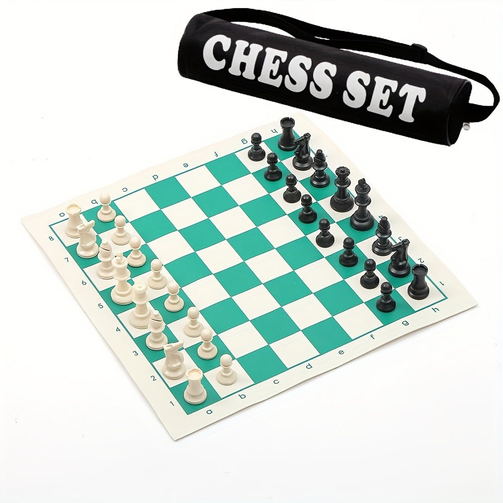 1pc Portable Folding Chess Set with Pouch - Realistic Green & White Checkerboard, 13.38x13.38 Inch, Compact Travel Board Game for Outdoor, Camping, and On-the-Go Fun, Portable Game, Classic Design, Durable Material