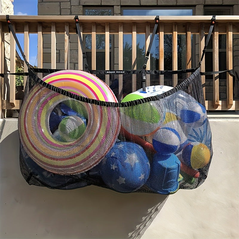 Large Pool Storage Bag Foldable Hanging Heavy-Duty Mesh Toy Organizer for Home and Outdoor Use, High Capacity Beach Inflatable Toy Net Bag for Poolside Organization