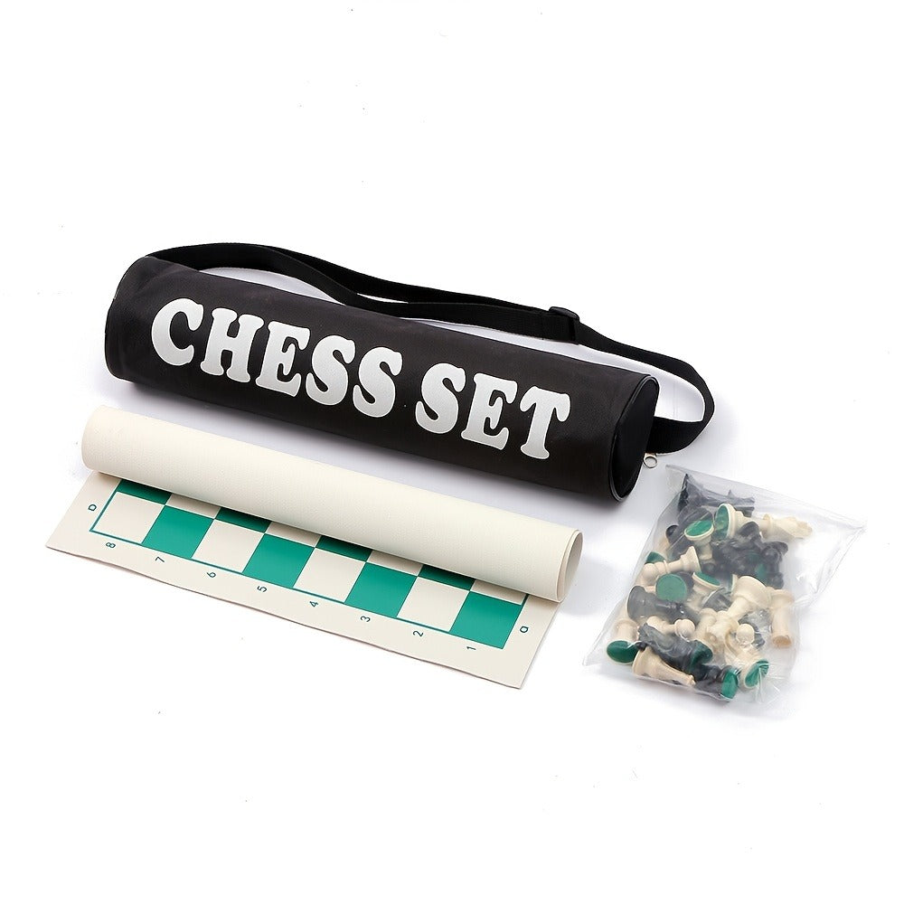 1pc Portable Folding Chess Set with Pouch - Realistic Green & White Checkerboard, 13.38x13.38 Inch, Compact Travel Board Game for Outdoor, Camping, and On-the-Go Fun, Portable Game, Classic Design, Durable Material