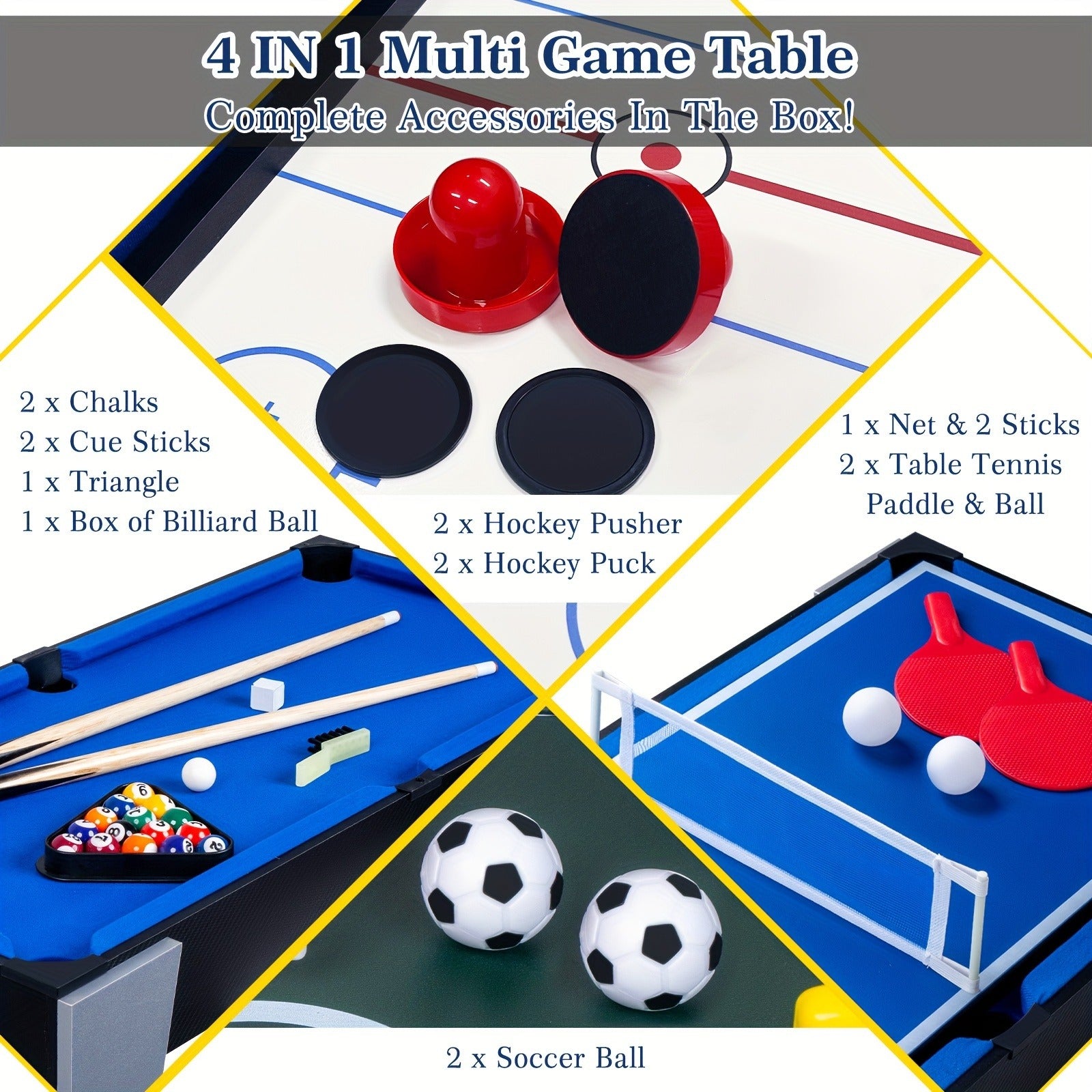 33" Game Table, 4-in-1 Multi Sports Arcade Game W/Soccer, Billiards Tabletop, Table Tennis, Hockey Tabletop, Combination Arcade Set For Home Play Room Party Bars Family Night, Combination Arcade Game Set With Accessories