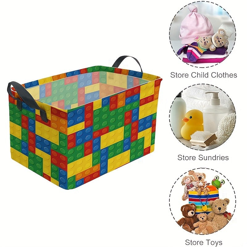 Colorful Building Block-Themed Storage Basket with Black Handles - Foldable Polyester Organizer for Clothes, Toys, and More - Ideal for Home, Office, or Playroom Decor, Toy Storage|Playroom Decor|Durable Storage Box, Storage Bins, Laundry Baskets