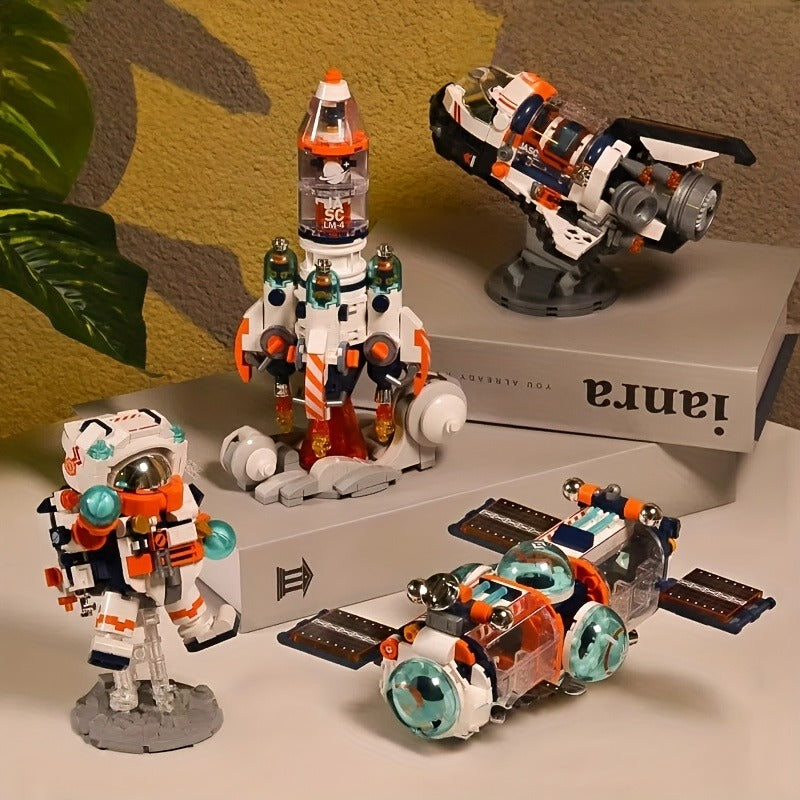 Breaking Dawn Astronaut Building Blocks Space Rocket Model - White & Orange Accents with Blue/Golden Details, Poseable Arms & Legs, Transparent Handheld Orbiter - STEM Educational Toy for Creative Play, Space-Themed Birthday Gift for Boys
