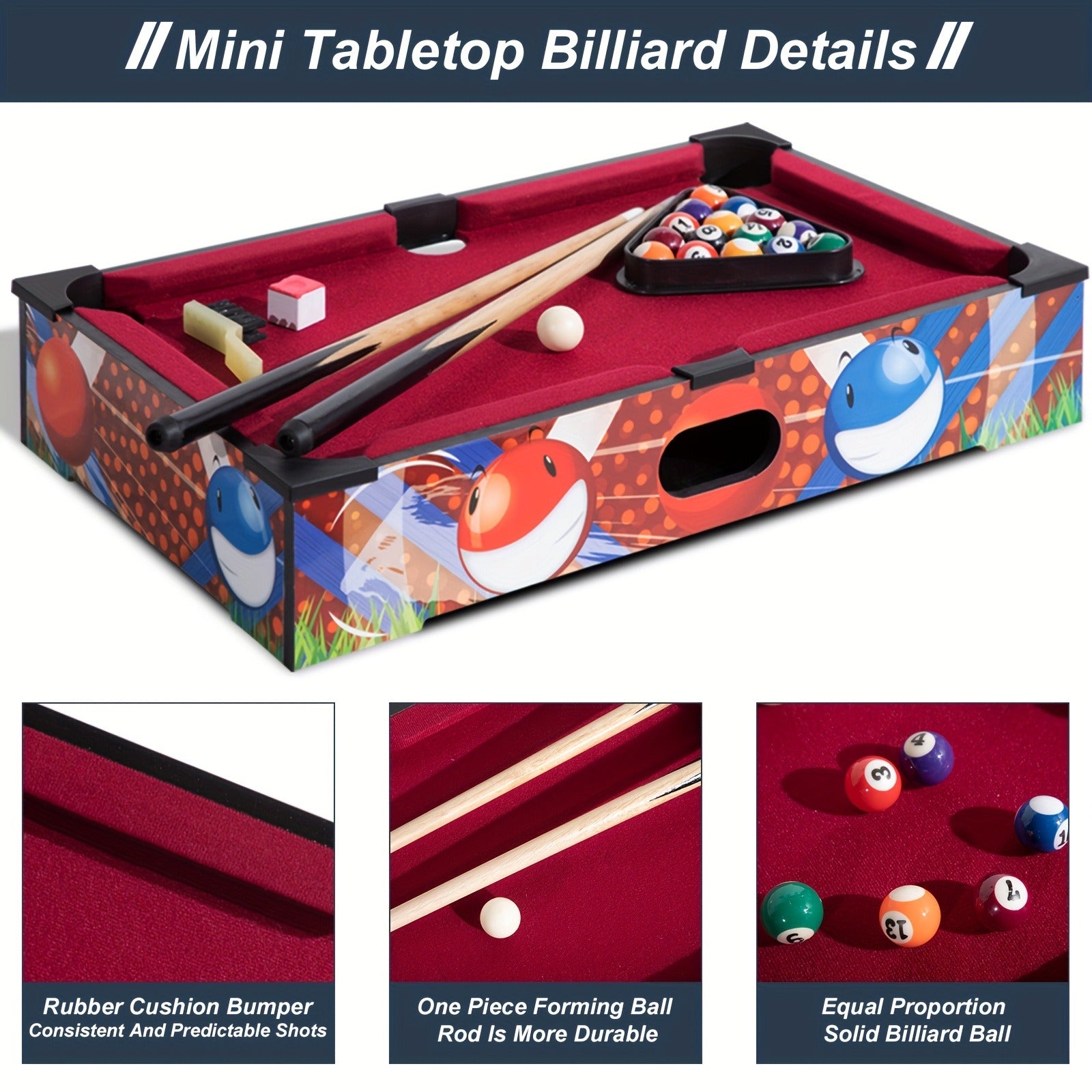 20" Mini Tabletop Billiard Table, Mini Pool Table, Portable Billiard Table W/Equal Proportion Solid Billiard Balls, Rubber Cushion Bumper And Mini Tabletop Pool Set