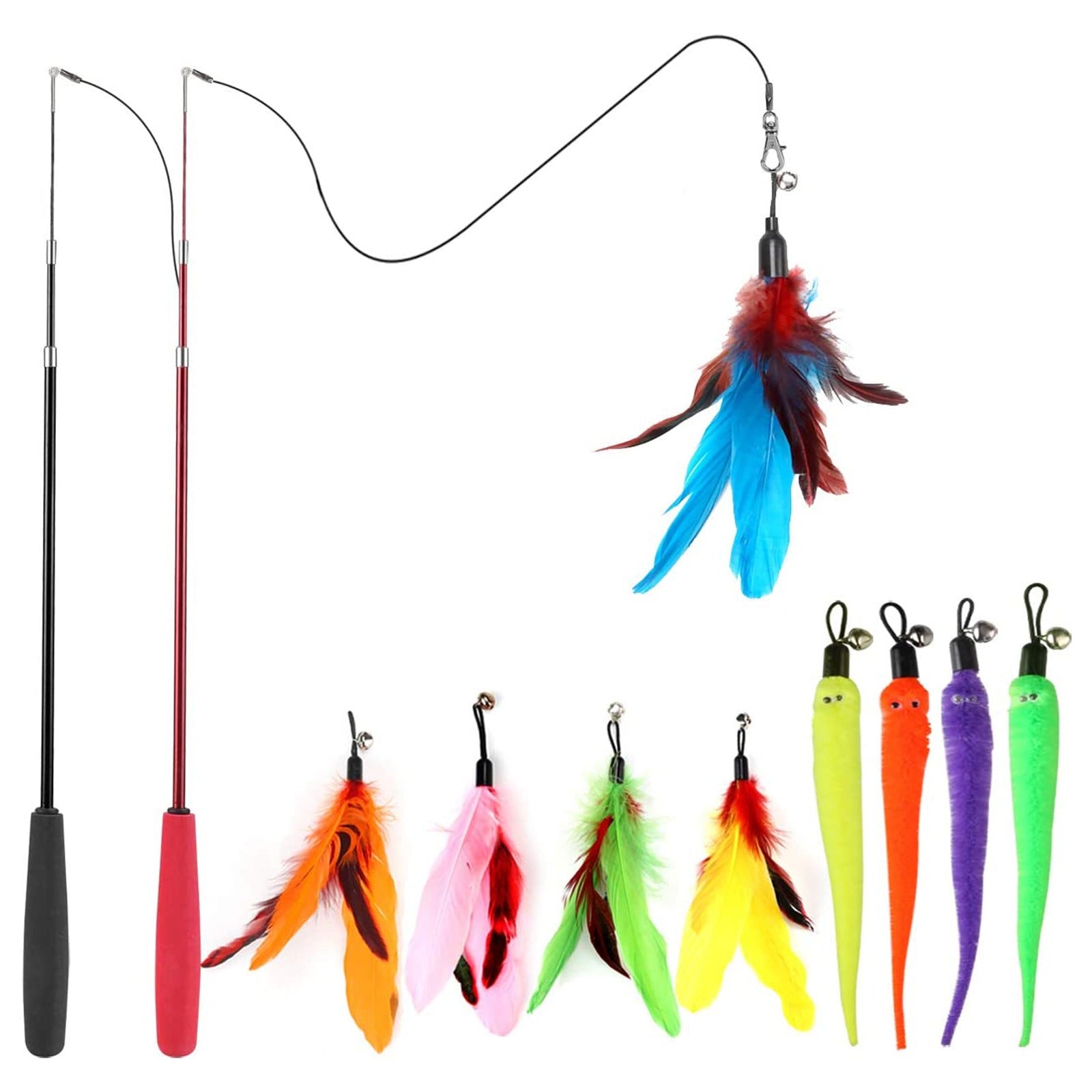 11pcs/Set with 9pcs Cat Replacement Heads of Teaser Stick & 2pcs Cat Teaser Stick, Without Battery