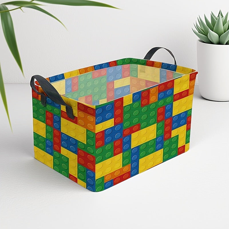 Colorful Building Block-Themed Storage Basket with Black Handles - Foldable Polyester Organizer for Clothes, Toys, and More - Ideal for Home, Office, or Playroom Decor, Toy Storage|Playroom Decor|Durable Storage Box, Storage Bins, Laundry Baskets