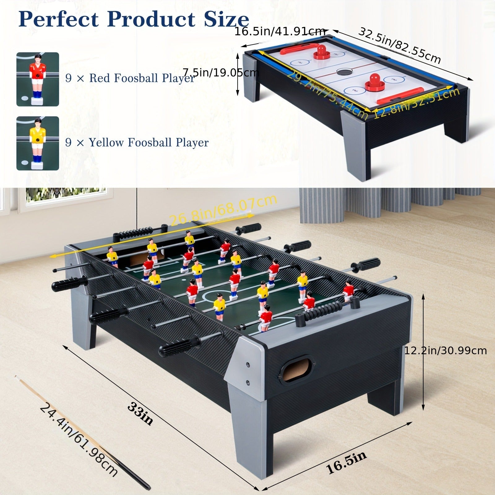 33" Game Table, 4-in-1 Multi Sports Arcade Game W/Soccer, Billiards Tabletop, Table Tennis, Hockey Tabletop, Combination Arcade Set For Home Play Room Party Bars Family Night, Combination Arcade Game Set With Accessories