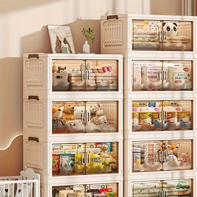 1pc Freestanding Multi-Tier Storage Organizer, Double Door Plastic Cabinet for Toys, Snacks, Clothes - Versatile Stackable Shelving Unit for Various Room Types, No Electricity or Battery Needed