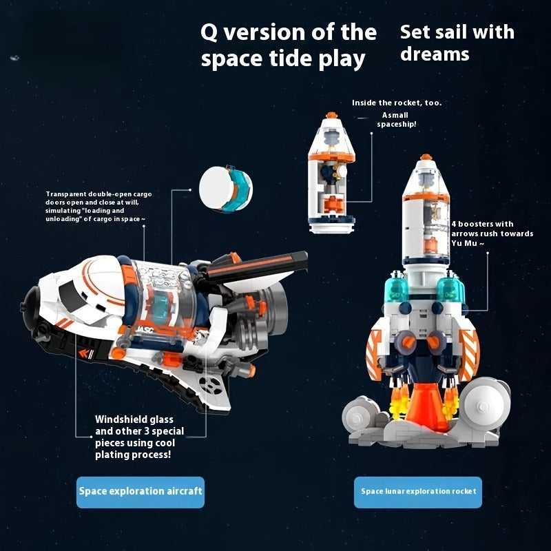 Breaking Dawn Astronaut Building Blocks Space Rocket Model - White & Orange Accents with Blue/Golden Details, Poseable Arms & Legs, Transparent Handheld Orbiter - STEM Educational Toy for Creative Play, Space-Themed Birthday Gift for Boys