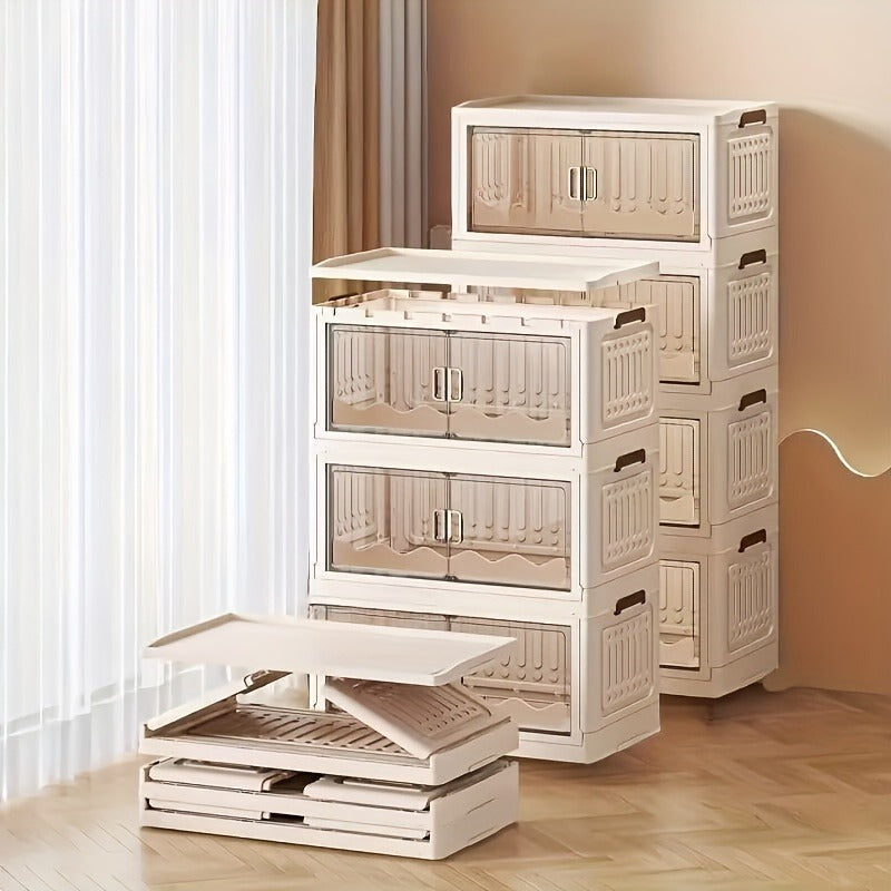 1pc Freestanding Multi-Tier Storage Organizer, Double Door Plastic Cabinet for Toys, Snacks, Clothes - Versatile Stackable Shelving Unit for Various Room Types, No Electricity or Battery Needed