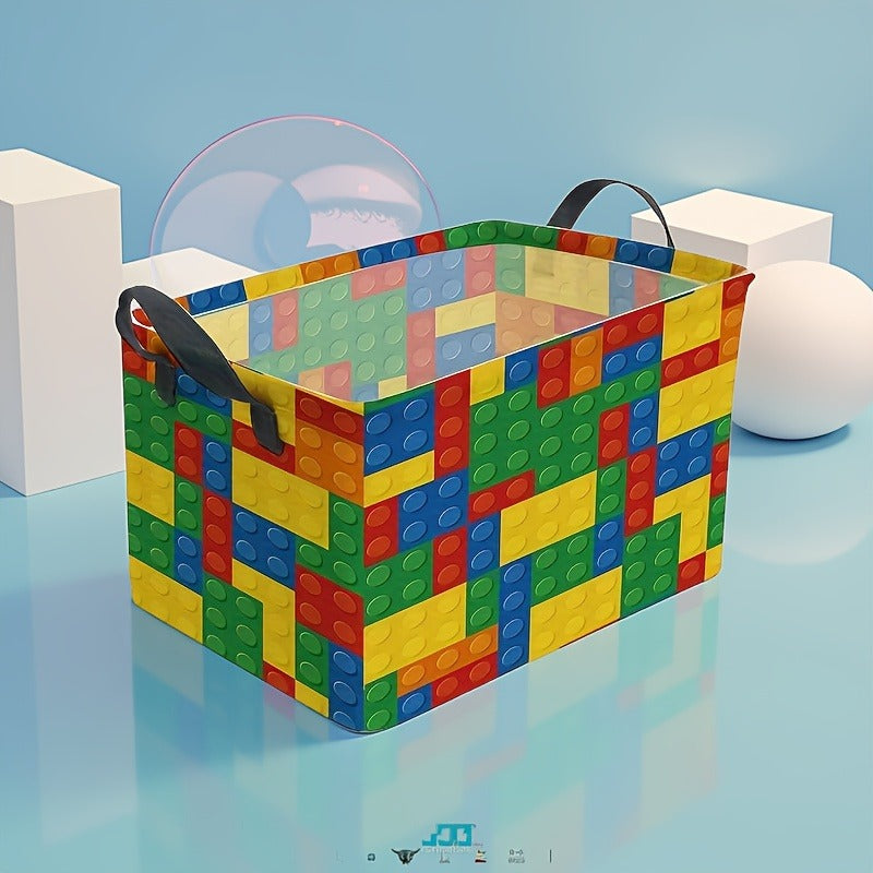 Colorful Building Block-Themed Storage Basket with Black Handles - Foldable Polyester Organizer for Clothes, Toys, and More - Ideal for Home, Office, or Playroom Decor, Toy Storage|Playroom Decor|Durable Storage Box, Storage Bins, Laundry Baskets