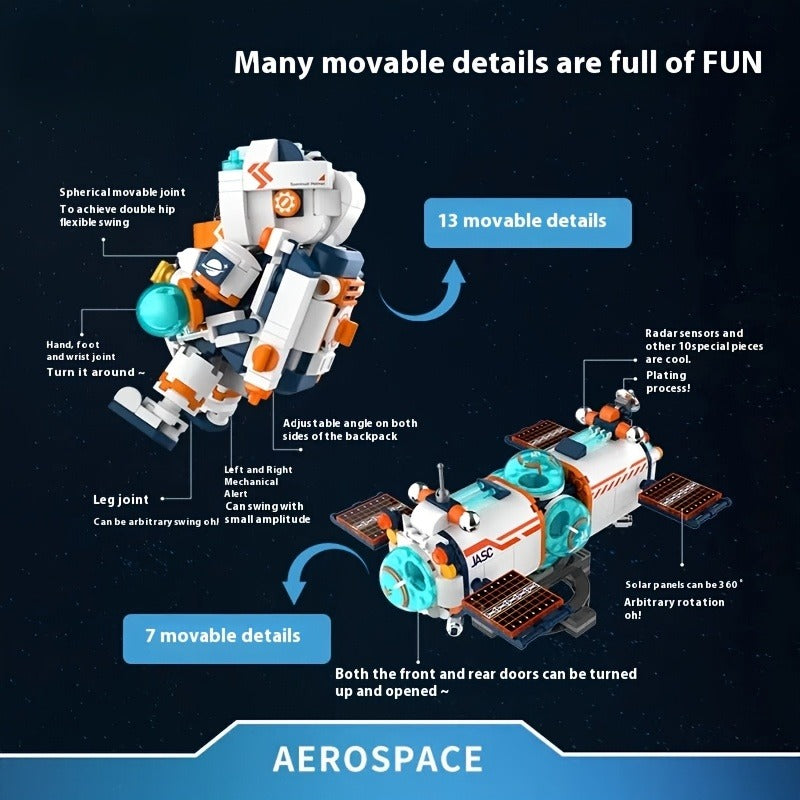 Breaking Dawn Astronaut Building Blocks Space Rocket Model - White & Orange Accents with Blue/Golden Details, Poseable Arms & Legs, Transparent Handheld Orbiter - STEM Educational Toy for Creative Play, Space-Themed Birthday Gift for Boys