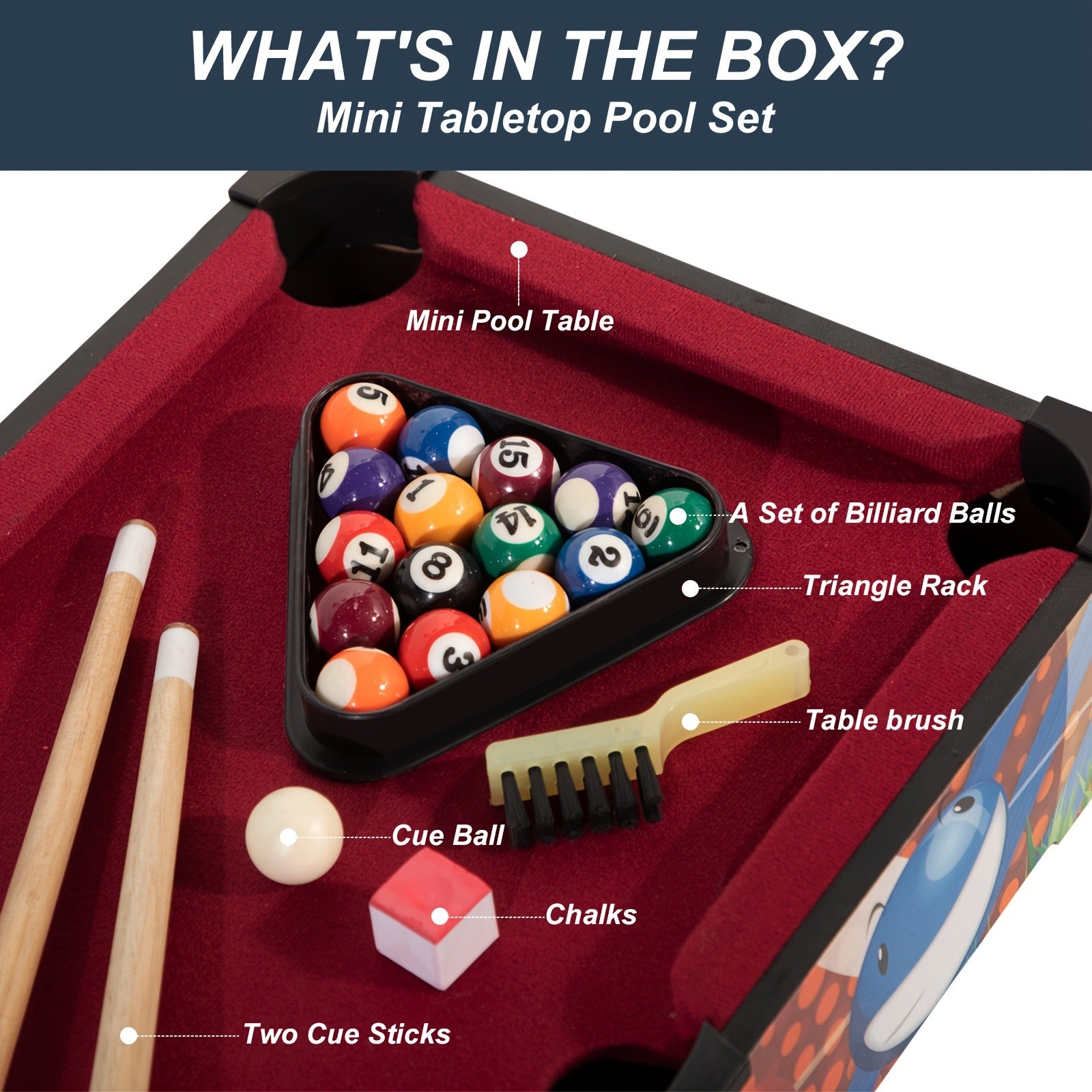 20" Mini Tabletop Billiard Table, Mini Pool Table, Portable Billiard Table W/Equal Proportion Solid Billiard Balls, Rubber Cushion Bumper And Mini Tabletop Pool Set