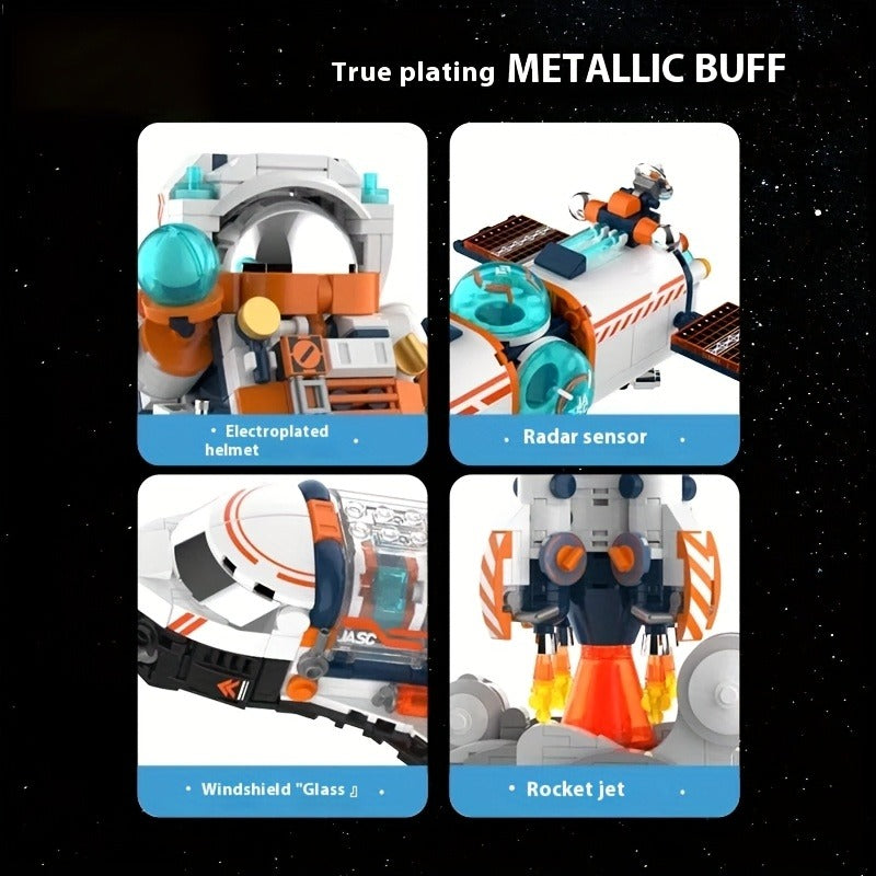 Breaking Dawn Astronaut Building Blocks Space Rocket Model - White & Orange Accents with Blue/Golden Details, Poseable Arms & Legs, Transparent Handheld Orbiter - STEM Educational Toy for Creative Play, Space-Themed Birthday Gift for Boys