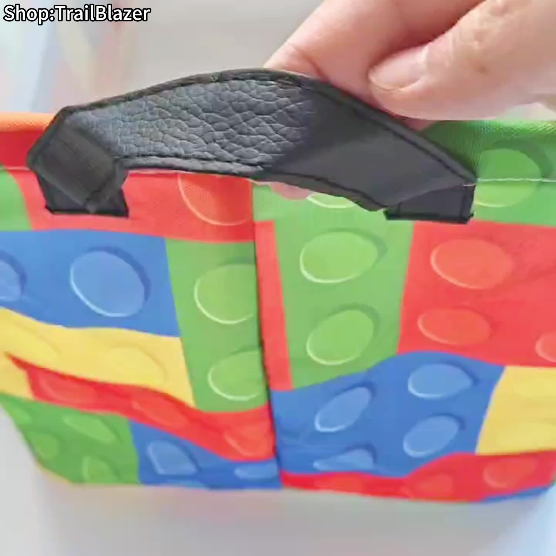 Colorful Building Block-Themed Storage Basket with Black Handles - Foldable Polyester Organizer for Clothes, Toys, and More - Ideal for Home, Office, or Playroom Decor, Toy Storage|Playroom Decor|Durable Storage Box, Storage Bins, Laundry Baskets