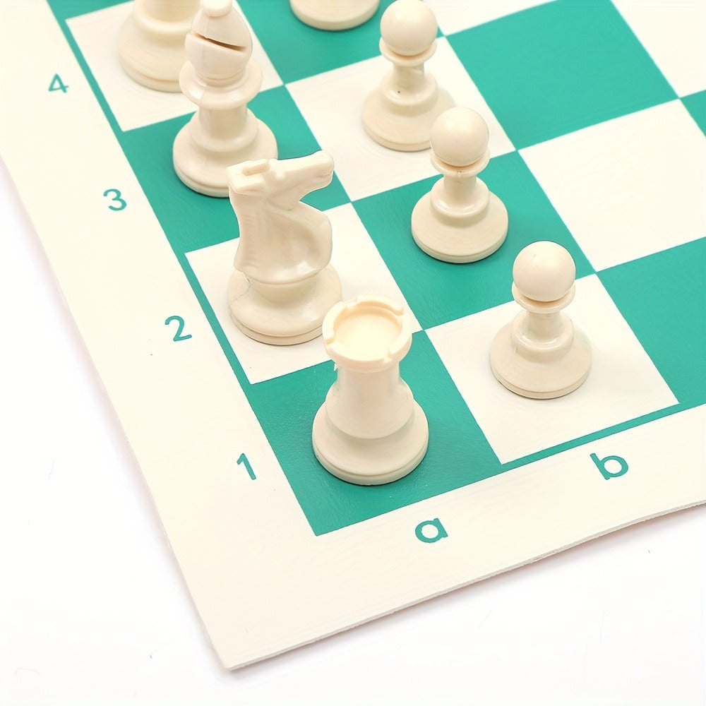 1pc Portable Folding Chess Set with Pouch - Realistic Green & White Checkerboard, 13.38x13.38 Inch, Compact Travel Board Game for Outdoor, Camping, and On-the-Go Fun, Portable Game, Classic Design, Durable Material
