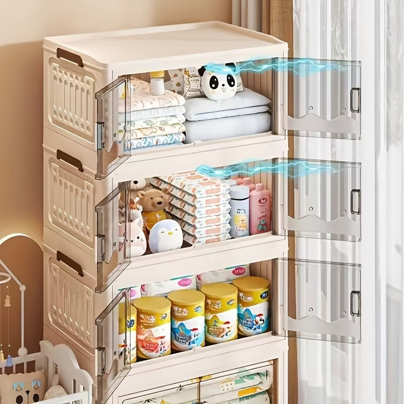 1pc Freestanding Multi-Tier Storage Organizer, Double Door Plastic Cabinet for Toys, Snacks, Clothes - Versatile Stackable Shelving Unit for Various Room Types, No Electricity or Battery Needed